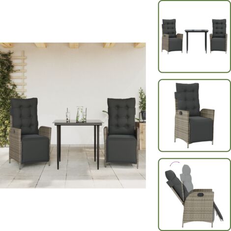 The Living Store Set da Pranzo da Giardino 3 pz con Cuscini in Polyrattan Grigio - Sedie da giardino reclinabili