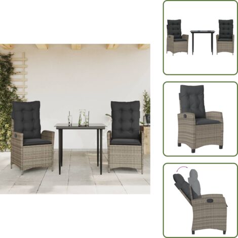 The Living Store Set da Pranzo da Giardino 3 pz con Cuscini in Polyrattan Grigio - Sedie da giardino reclinabili