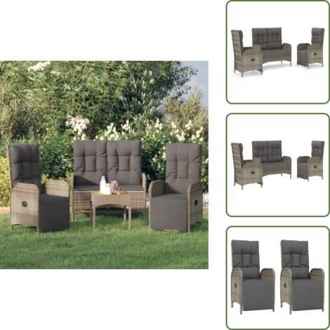 The Living Store Set da Pranzo da Giardino 3 pz con Cuscini in Polyrattan Grigio - Sedie da giardino reclinabili