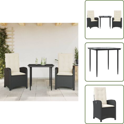 The Living Store Set da Pranzo da Giardino 3 pz con Cuscini Nero in Polyrattan - Sedie da giardino reclinabili