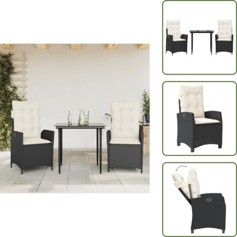 The Living Store Set da Pranzo da Giardino 3 pz con Cuscini Nero in Polyrattan - Sedie da giardino reclinabili
