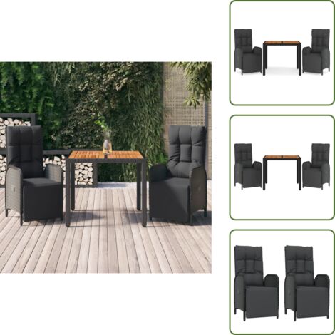 The Living Store Set da Pranzo da Giardino 3 pz con Cuscini Nero in Polyrattan - Sedie da giardino reclinabili
