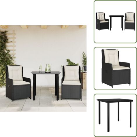 The Living Store Set da Pranzo da Giardino 3 pz con Cuscini Nero in Polyrattan - Sedie da giardino reclinabili