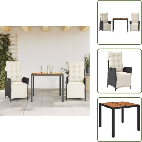 The Living Store Set da Pranzo da Giardino 3 pz con Cuscini Nero in Polyrattan - Sedie da giardino reclinabili