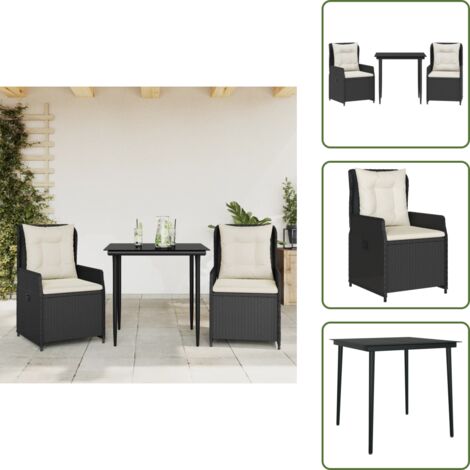 The Living Store Set da Pranzo da Giardino 3 pz con Cuscini Nero in Polyrattan - Sedie da giardino reclinabili
