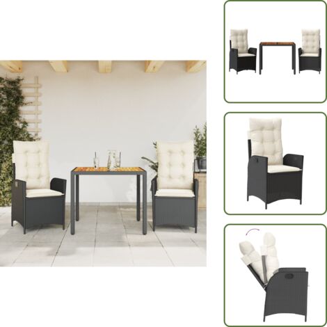 The Living Store Set da Pranzo da Giardino 3 pz con Cuscini Nero in Polyrattan - Sedie da giardino reclinabili