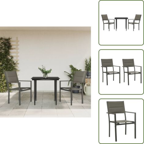 The Living Store Set da Pranzo da Giardino 3 pz Nero in Acciaio e Textilene - Sedie da giardino