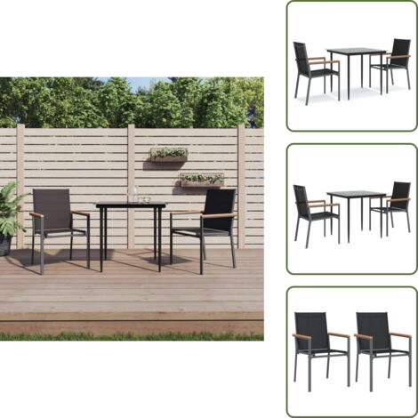 The Living Store Set da Pranzo da Giardino 3 pz Nero in Textilene e Acciaio - Tavolo da pranzo da esterno