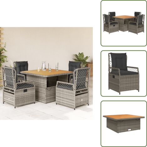 The Living Store Set da Pranzo da Giardino 5 pz con Cuscini in Polyrattan Grigio - Sedie da giardino reclinabili