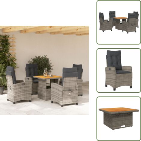 The Living Store Set da Pranzo da Giardino 5 pz con Cuscini in Polyrattan Grigio - Sedie da giardino reclinabili