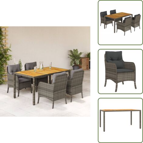 The Living Store Set da Pranzo da Giardino 5 pz con Cuscini in Polyrattan Grigio - Tavolo da giardino