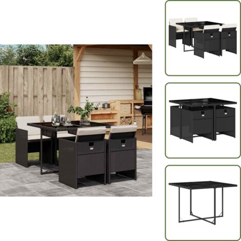 The Living Store Set da Pranzo da Giardino 5 pz Nero con Cuscini in Polyrattan - Sedie da giardino