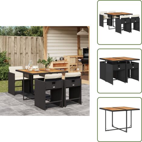 The Living Store Set da Pranzo da Giardino 5 pz Nero con Cuscini in Polyrattan - Sedie da giardino