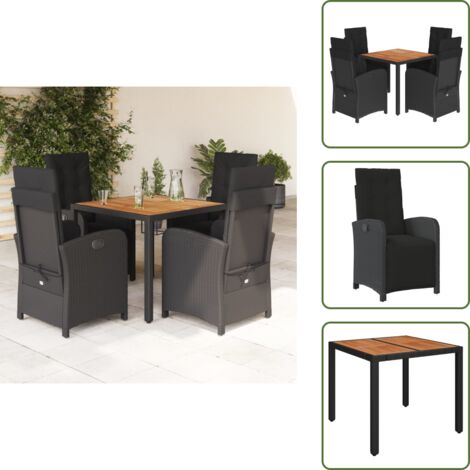 The Living Store Set da Pranzo da Giardino 5 pz Nero con Cuscini in Polyrattan - Sedie da giardino
