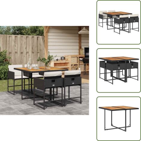 The Living Store Set da Pranzo da Giardino 5 pz Nero con Cuscini in Polyrattan - Sedie da giardino