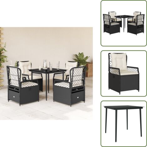 The Living Store Set da Pranzo da Giardino 5 pz Nero con Cuscini in Polyrattan - Sedie da giardino reclinabili