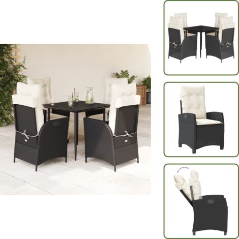 The Living Store Set da Pranzo da Giardino 5 pz Nero con Cuscini in Polyrattan - Sedie da giardino reclinabili