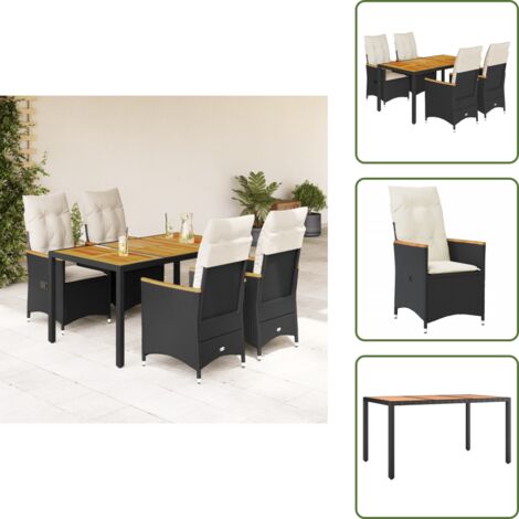 The Living Store Set da Pranzo da Giardino 5 pz Nero con Cuscini in Polyrattan - Sedie da giardino reclinabili