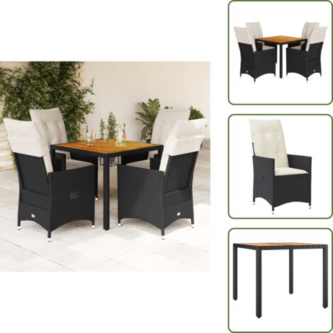 The Living Store Set da Pranzo da Giardino 5 pz Nero con Cuscini in Polyrattan - Sedie da giardino reclinabili