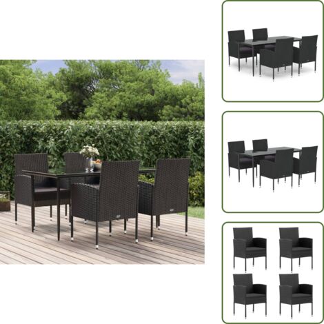 The Living Store Set da Pranzo da Giardino 5 pz Nero con Cuscini in Polyrattan - Tavolo da pranzo esterno