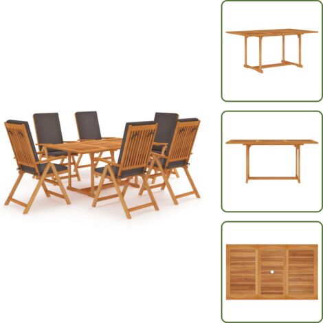 The Living Store Set da Pranzo da Giardino 7 pz con Cuscini Grigi Legno di Teak - Tavolo in teak