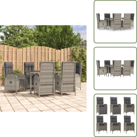 The Living Store Set da Pranzo da Giardino 7 pz con Cuscini in Polyrattan Grigio - Sedie da giardino reclinabili