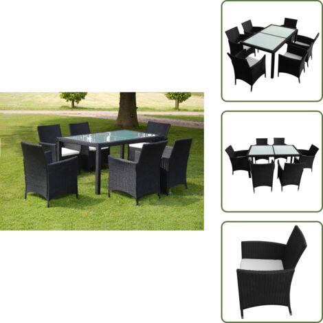 The Living Store Set da Pranzo da Giardino 7 pz con Cuscini in Polyrattan Nero - Tavolo da pranzo da esterno