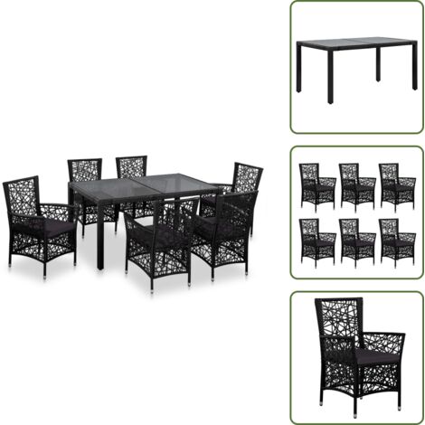 The Living Store Set da Pranzo da Giardino 7 pz in Polyrattan Nero - Tavolo da pranzo da giardino