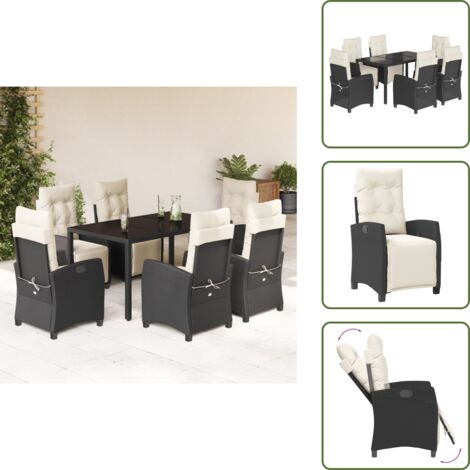 The Living Store Set da Pranzo da Giardino 7 pz Nero con Cuscini in Polyrattan - Sedie da giardino