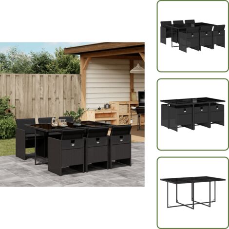The Living Store Set da Pranzo da Giardino 7 pz Nero con Cuscini in Polyrattan - Sedie da giardino