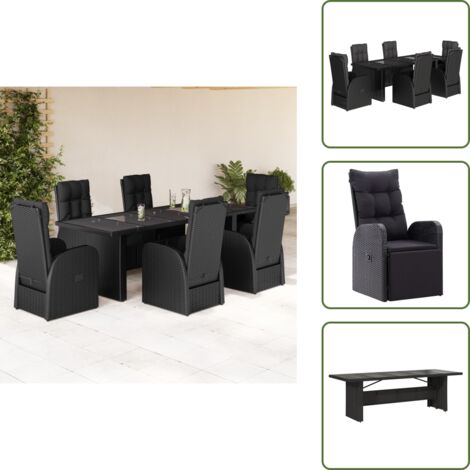 The Living Store Set da Pranzo da Giardino 7 pz Nero con Cuscini in Polyrattan - Sedie da giardino