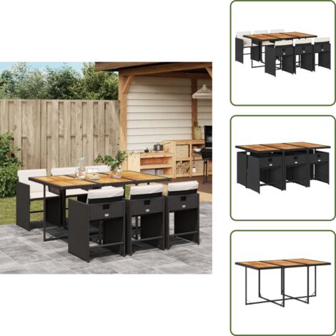 The Living Store Set da Pranzo da Giardino 7 pz Nero con Cuscini in Polyrattan - Sedie da giardino