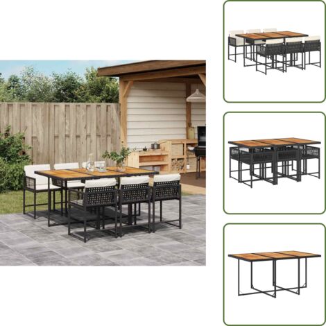 The Living Store Set da Pranzo da Giardino 7 pz Nero con Cuscini in Polyrattan - Sedie da giardino