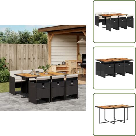 The Living Store Set da Pranzo da Giardino 7 pz Nero con Cuscini in Polyrattan - Sedie da giardino