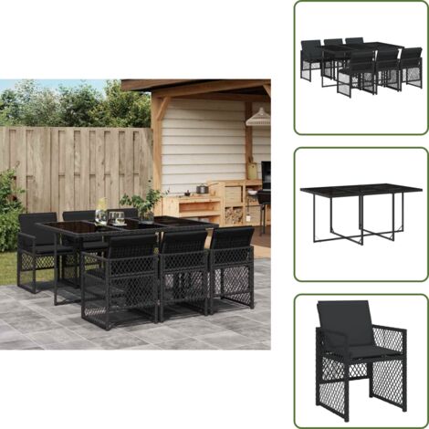 The Living Store Set da Pranzo da Giardino 7 pz Nero con Cuscini in Polyrattan - Sedie da giardino