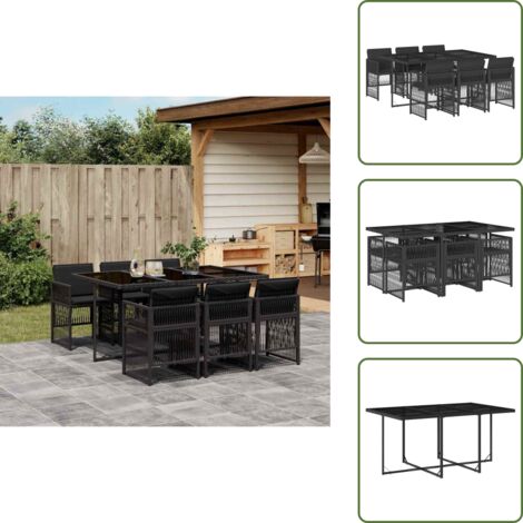The Living Store Set da Pranzo da Giardino 7 pz Nero con Cuscini in Polyrattan - Sedie da giardino