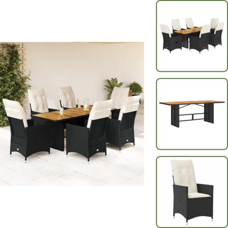 The Living Store Set da Pranzo da Giardino 7 pz Nero con Cuscini in Polyrattan - Sedie da giardino reclinabili