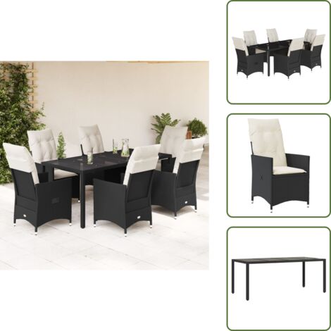The Living Store Set da Pranzo da Giardino 7 pz Nero con Cuscini in Polyrattan - Sedie da giardino reclinabili