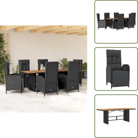 The Living Store Set da Pranzo da Giardino 7 pz Nero con Cuscini in Polyrattan - Sedie da giardino reclinabili