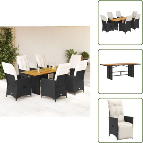 The Living Store Set da Pranzo da Giardino 7 pz Nero con Cuscini in Polyrattan - Sedie da giardino reclinabili