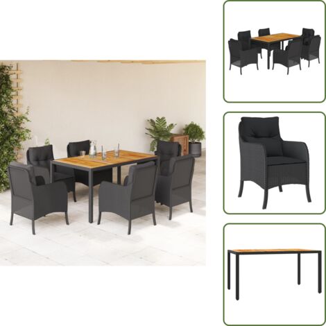 The Living Store Set da Pranzo da Giardino 7 pz Nero con Cuscini in Polyrattan - Tavolo da giardino