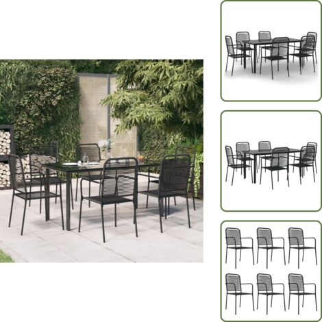 The Living Store Set da Pranzo da Giardino 7 pz Nero Corda di Cotone e Acciaio - Sedie da pranzo da esterno
