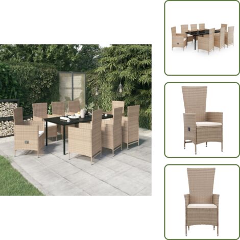 The Living Store Set da Pranzo da Giardino 9 pz con Cuscini Beige - Tavolo da giardino