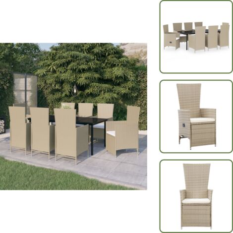 The Living Store Set da Pranzo da Giardino 9 pz con Cuscini Beige - Tavolo da pranzo da esterno