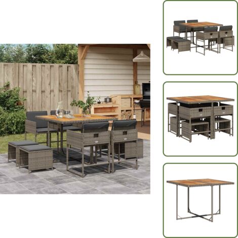 The Living Store Set da Pranzo da Giardino 9 pz con Cuscini in Polyrattan Grigio - Sedie da giardino