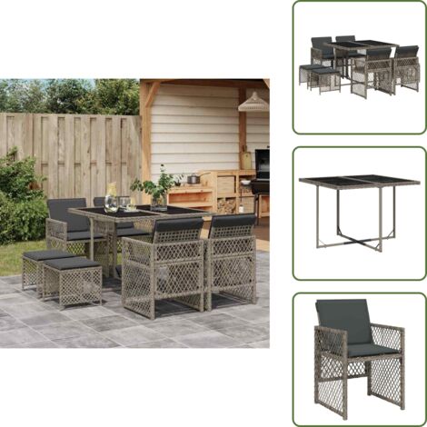 The Living Store Set da Pranzo da Giardino 9 pz con Cuscini in Polyrattan Grigio - Sedie da giardino
