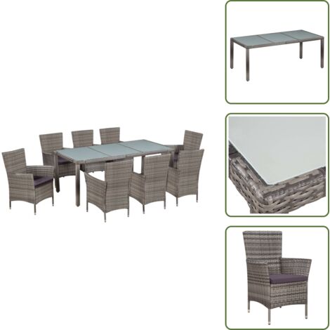 The Living Store Set da Pranzo da Giardino 9 pz con Cuscini in Polyrattan Grigio - Tavolo da pranzo in vetro