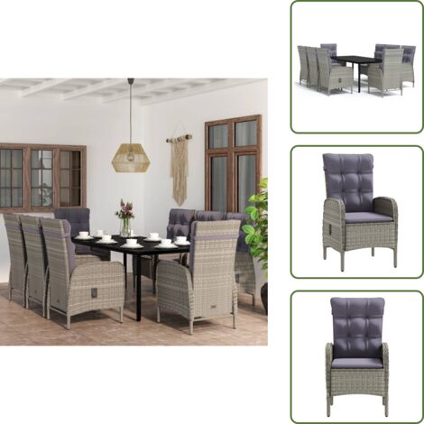 The Living Store Set da Pranzo da Giardino 9 pz con Cuscini Nero e Grigio - Tavolo da pranzo esterno