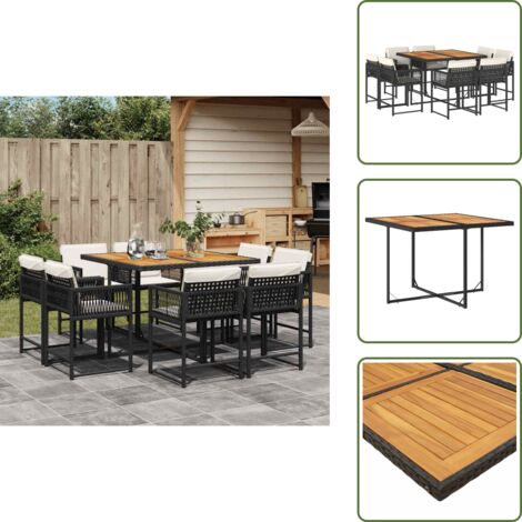 The Living Store Set da Pranzo da Giardino 9 pz con Cuscini Nero in Polyrattan - Sedie da giardino