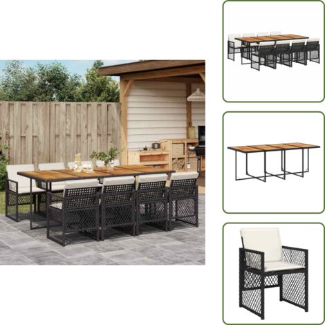 The Living Store Set da Pranzo da Giardino 9 pz con Cuscini Nero in Polyrattan - Sedie da giardino